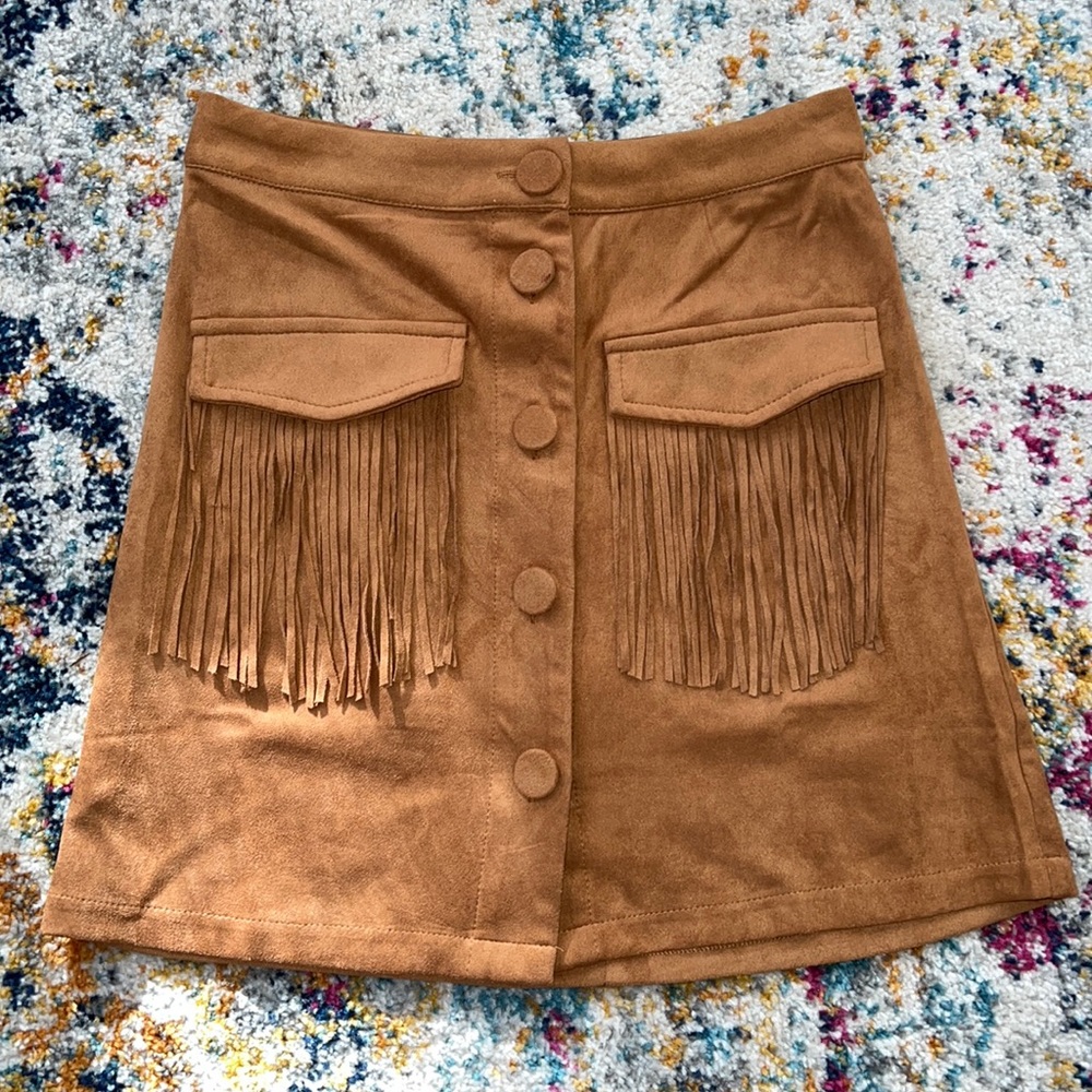 Dark Tan Suede Fringe Skirt, size Small.